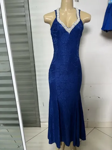 Vestido Longo Azul Royal de Renda com Pérolas - Festa/Madrinha