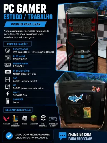 PC Gamer Completo i3 8ª Geração | Pronto para Uso