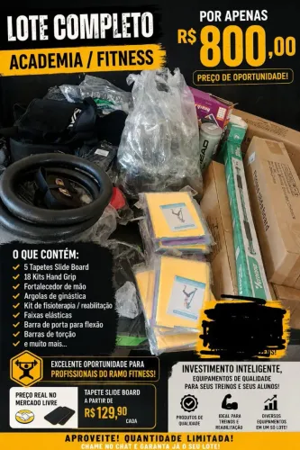 Lote com aproximadamente 75 itens de academia e produtos fitness