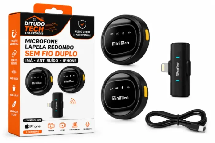 Microfone Lapela Redondo Imã Sem Fio Duplo Anti Ruído iPhone - Novo 