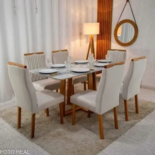 Mesa de Jantar 160×80 Vidro Off/Base Madeira + 6 Cad. Milla rf76