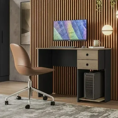 "Mesa de Estudo e Trabalho: Design Clean com 2 Gavetas e Nicho para Computador"