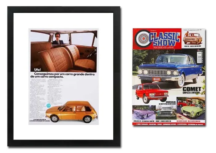 VW Brasília 1600 - Kit Quadro decorativo com propaganda original + revista
