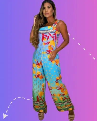 Macacão estampado floral azul e amarelo