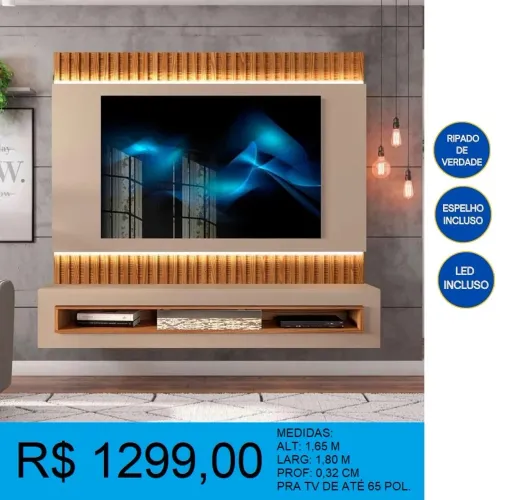 Painel ripado Rack para TV até 65 polegadas com Espelho e LED