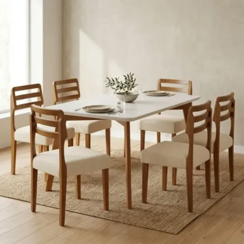 Mesa Anne 180 Mel/Off White com 6 Cadeiras Turquia Linho Palha 311A - HR MOVELARIA