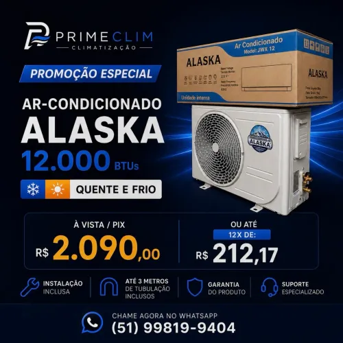 AR-CONDICIONADO ALASKA 12.000 BTUs, QUENTE E FRIO COM INSTALAÇÃO INCLUSA