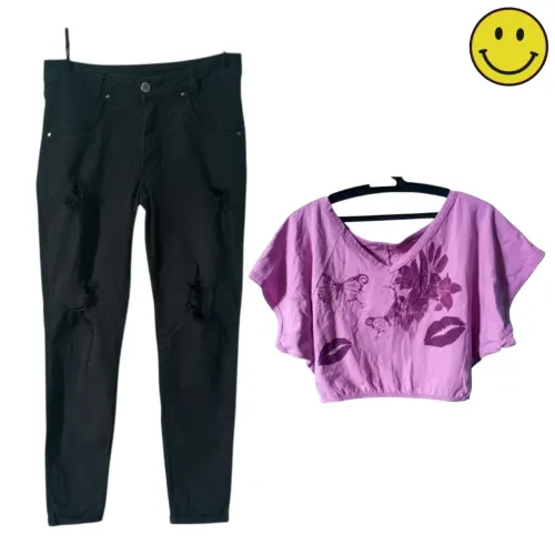kit cropped roxo e calça jeans preta feminina brechó