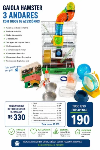 Gaiola desmotável para Hamster - 3 Andares + Kit Completo de Acessórios