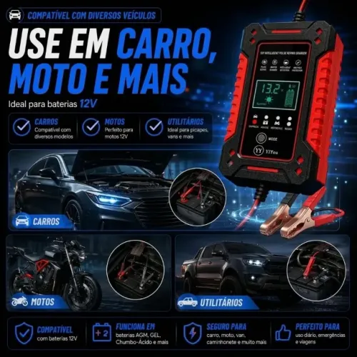 Carregador de Bateria para Carro, Moto e Náuticos