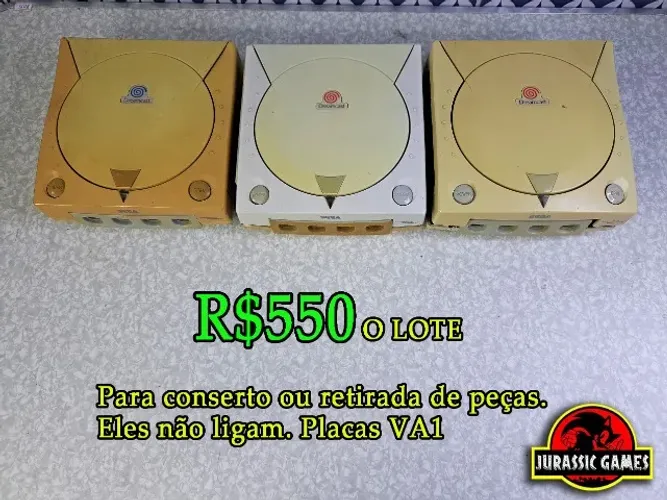 Lote 3 Consoles Dreamcast com defeito. Não ligam. São placa Va1. No estado. Ler descrição.