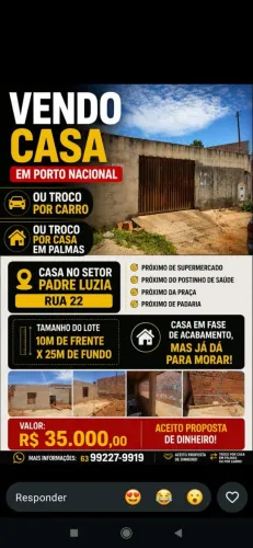 Vendo Casa em Fase de Acabamento, Setor Santa Luzia- Porto Nacional-TO Tel: *