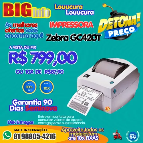 Impressora Termica de Etiquetas Zebra GC420t com USB, Serial - Em ate 10x Fixas - GARANTIA