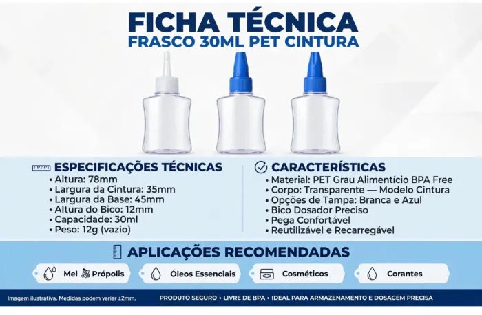 Frascos Plásticos 30 ML TRANSPARENTE PET COM TAMPA BRANCA