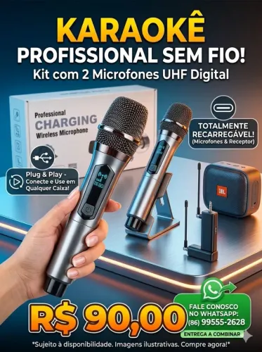 Kit 2 Microfones Sem Fio Profissionais UHF + Receptor (Recarregável USB-C)