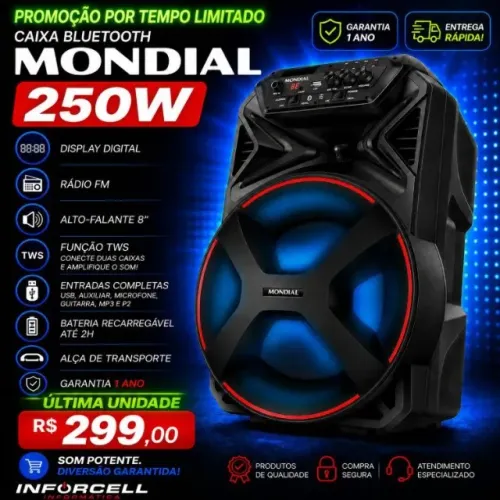 Caixa Bluetooth Mondial 250w até 2h bateria