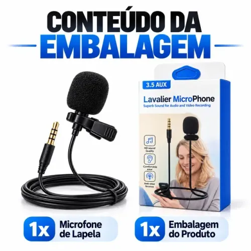 Microfone De Lapela Lavalier Com Fio 1,5m P2 Para Celular