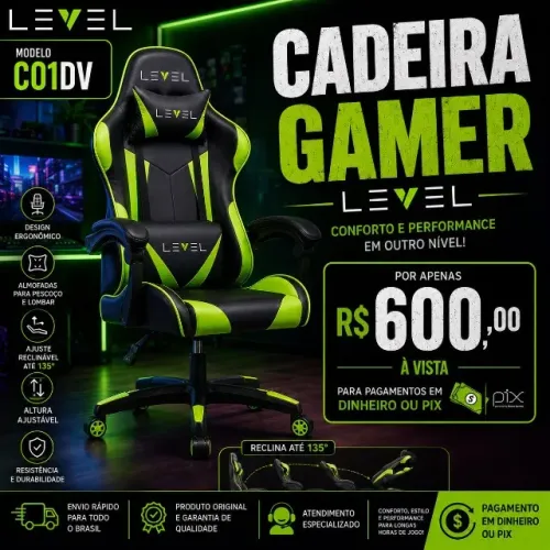 Cadeira Gamer Reclinável 135° - Ergonômica - Almofadas no pescoço e lombar