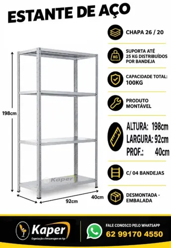 Estante de aço profundidade 40cm 4b cinza ( produto novo ) promoção