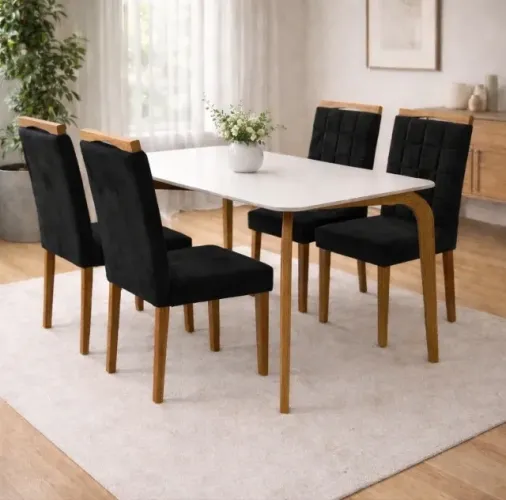 Conjunto de Jantar Malibu 120 com Vidro e 4 Cadeiras em Veludo Preto