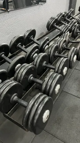 KIT DE DUMBBELLS EMBORRACHADOS 10 A 28 KG - COM SUPORTE - EXCELENTE ESTADO! ?