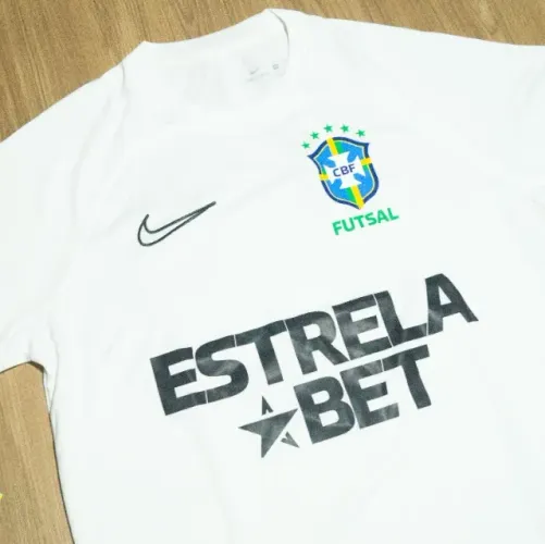 CAMISA SELEÇÃO BRASILEIRA FUTSAL TREINO BRANCA COM PATROCÍNIO