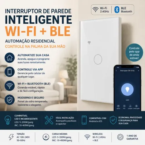 Interruptor de parede inteligente tátil c/ wifi -- automação residencial