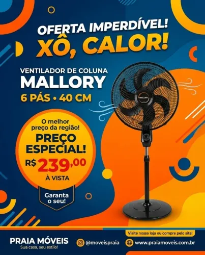 Ventilador de Coluna Mallory Éolo 40cm - 126W, 6 Pás e Motor Turbo Silencioso