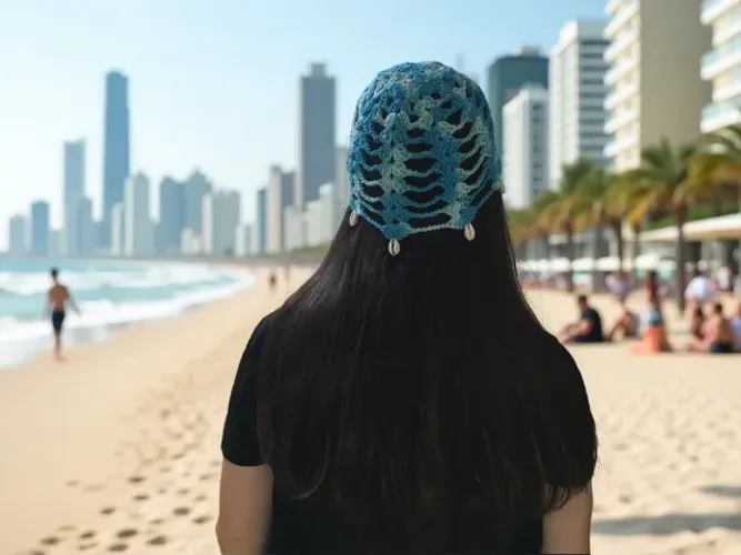 Headpiece / Touca de Crochê Azul Mesclado com Búzios