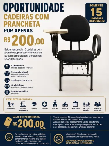 CADEIRA ESCOLAR UNIVERSITARIA COM PRANCHETAS POR APENAS 200,00 REAIS WATTS 67- *.