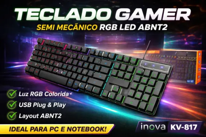 Teclado Gamer Semi Mecânico RGB LED USB ABNT2 Inova KV-817 Para PC e Notebook