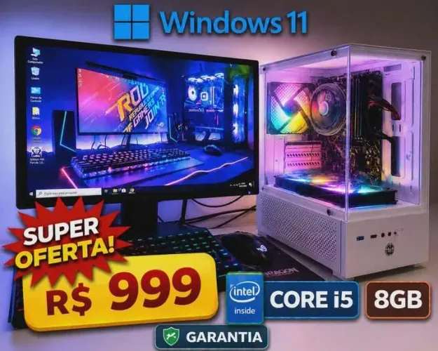 Computador Core i5 8g Gabinete Gamer 3Fans RGB Windows11 Tela de Led