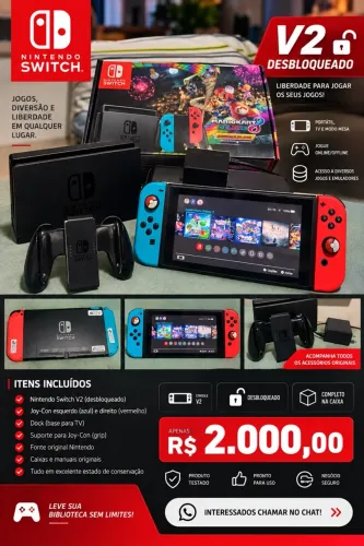 Nintendo Switch V2 Desbloqueado completo na caixa