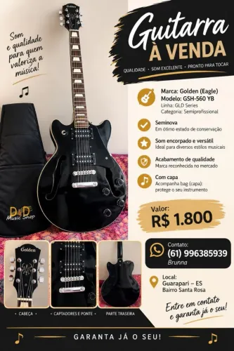 Guitarra Golden Semi acústica GSH560 preta + bag