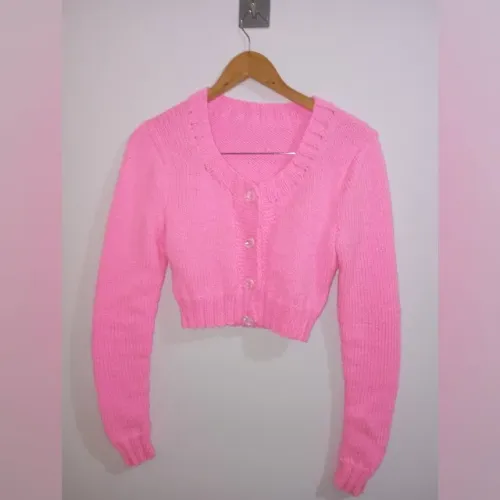 Casaquinho Cropped em Tricot Rosa Neon Tam. M