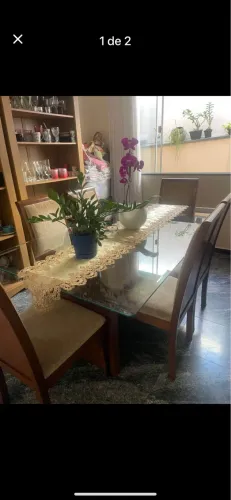 Mesa madeira com vidro 8 mm, com 6 cadeiras