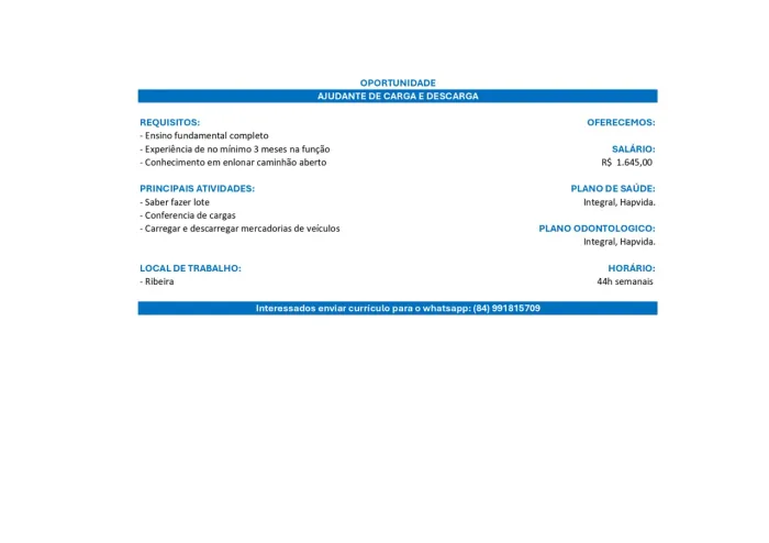 Vaga para ajudante de carga  