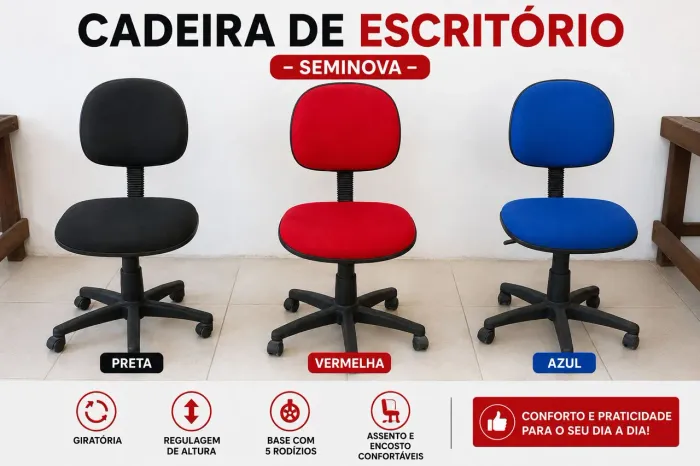 Cadeira de escritório preta, azul e vermelha- seminova e conservada