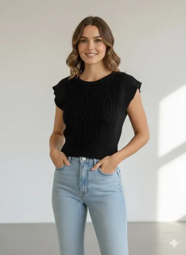 Cropped tam P preto em tricô