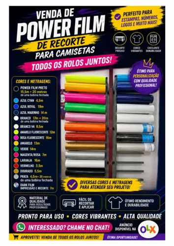 Lote 237 metros de Power Filme - Filme de Recorte - Plotter - Diversas Cores