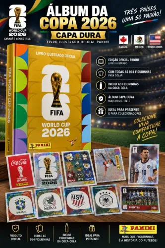 ÁLBUM COPA DO MUNDO 2026 - CAPA DURA DOURADA + COLEÇÃO COMPLETA!