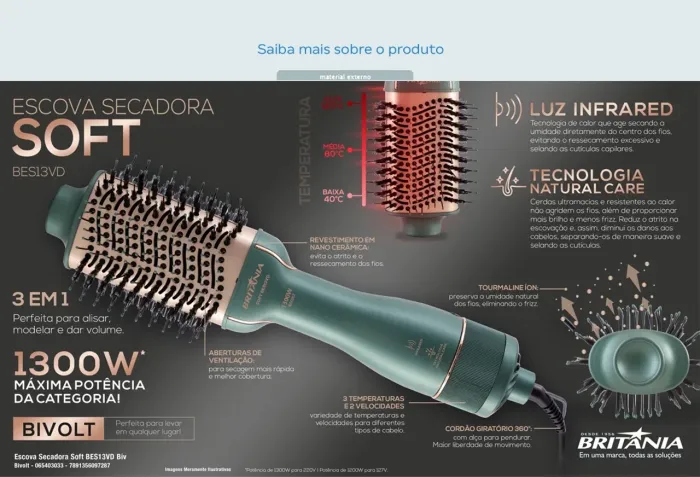 Escova Secadora Britania Soft Bes13vd 1300w Bivolt