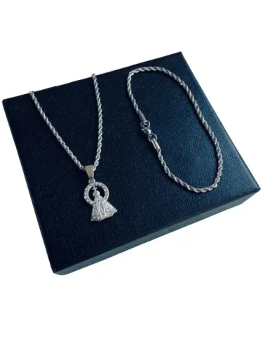 Kit Nossa Senhora de Aparecida Cravejada Corrente e Pulseira em Aço Inox 316L