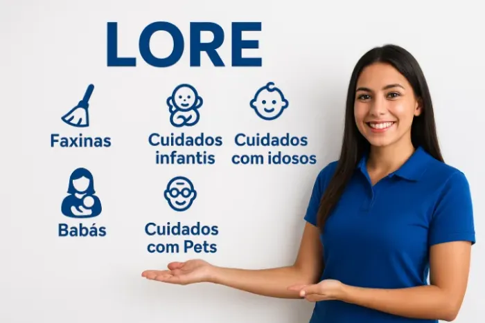 Faxinas, cuidados infantis, babás, cuidados com idosos e cuidados com Pets. 