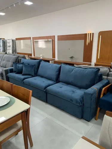 Sofá Cama Gigantão 3,30m Com Molas Ensacadas no Veludo Azul