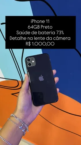 iPhone 11 / 64GB / Preto / Saúde de bateria: 73% / Detalhe na Lente da Câmera / $1.000,0
