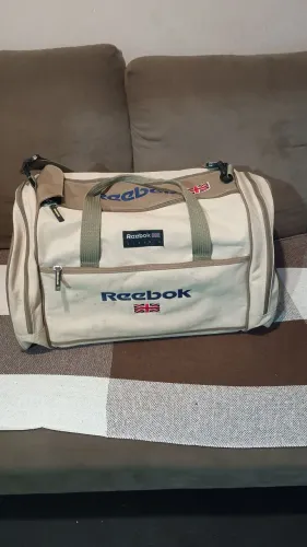 Mala de viagem de ombro Reebok vintage em tom bege com alças 35x55x33 cm