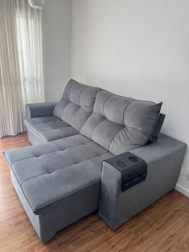 Sofá Retrátil e Reclinável 3 Lugares Cinza com Porta-Copos