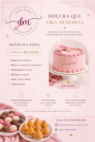 Kit festa personalizado, doces e salgados, cesta de café da manhã e muito mais.