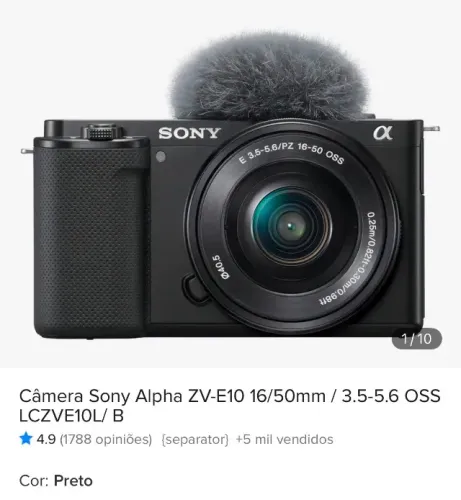 Câmera Sony ZV-E10 + Lente 16-50mm + LED Ulanzi (Estado de Nova)